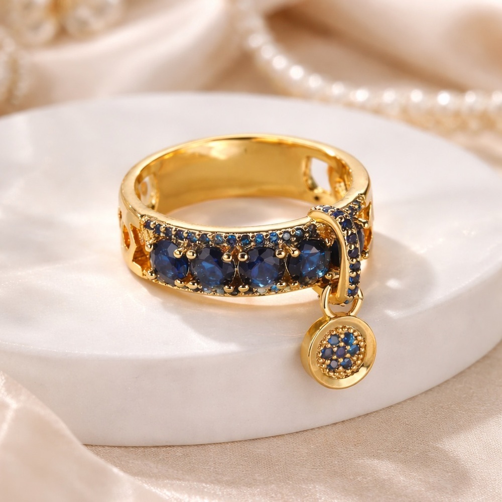 Vintage-Inspired Royal Blue Stone Ring – Gold Tone w/ Dangle Charm